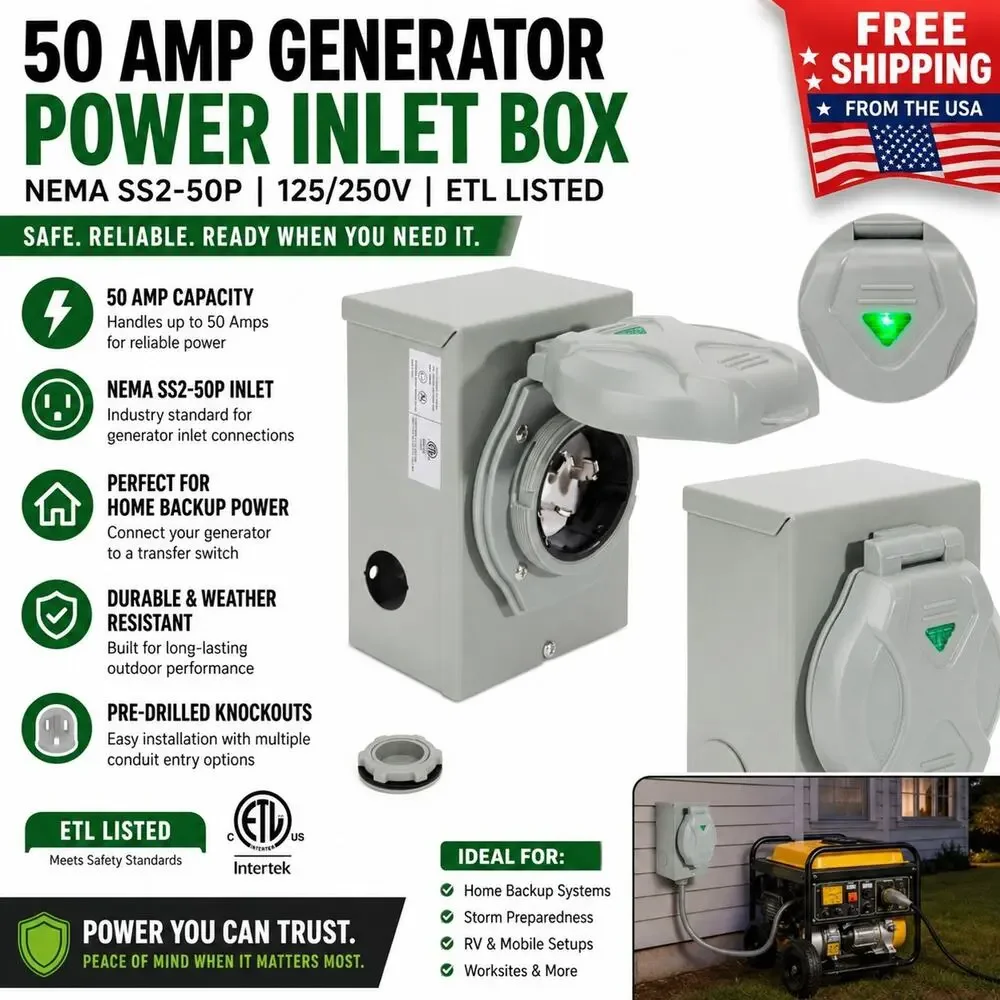 3Prong 50 Amp Generator Inlet Box Power Inlet Box NEMA SS2-50P 125/250 Volt